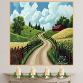 Winding Country Road with Red Barn and Green Hills – Bright Summer Folk Art Landscape Print on Ready to Hang 1.5" Thick Canvas Wrap, Floating Framed Canvas, Flat Rolled Canvas